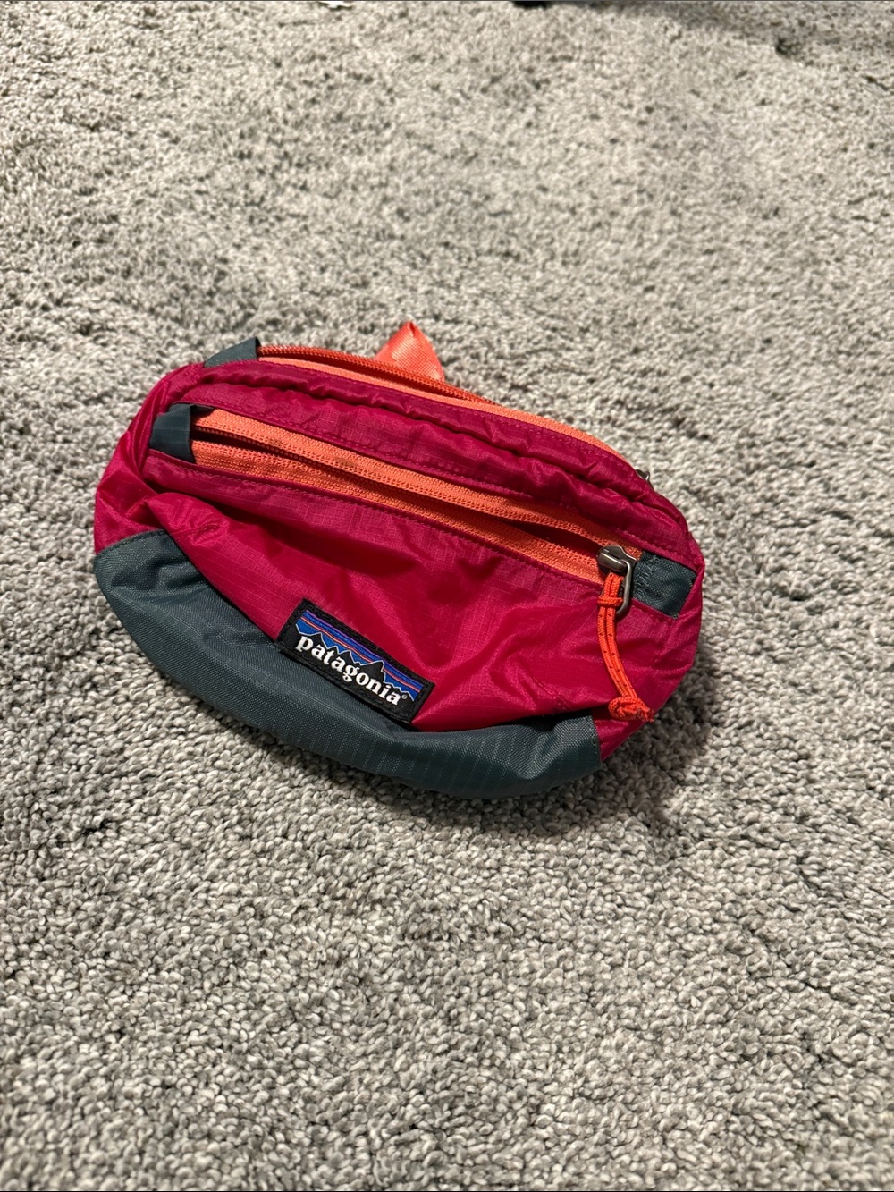 Patagonia Hot Pink Waist Pack with Orange Zippers and Gray Base